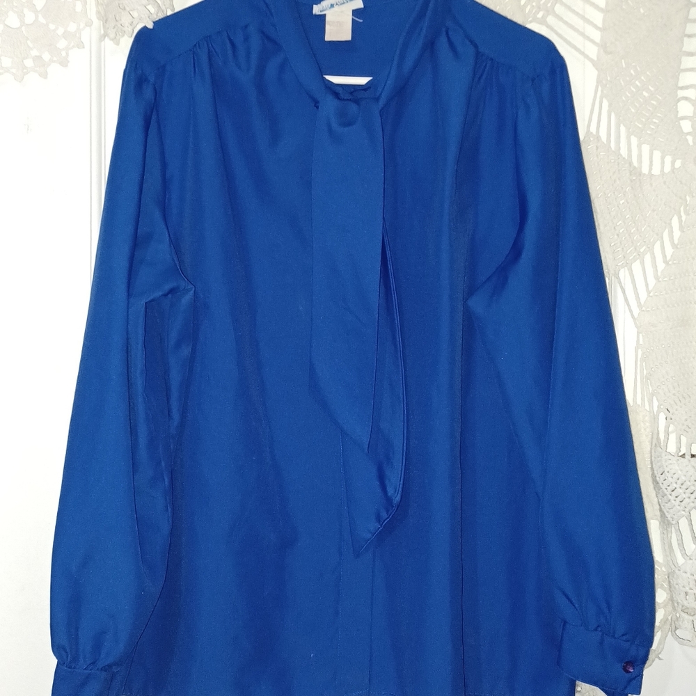 Vintage Paris Station Blue Womens Blouse (2XL) Silk-Like
